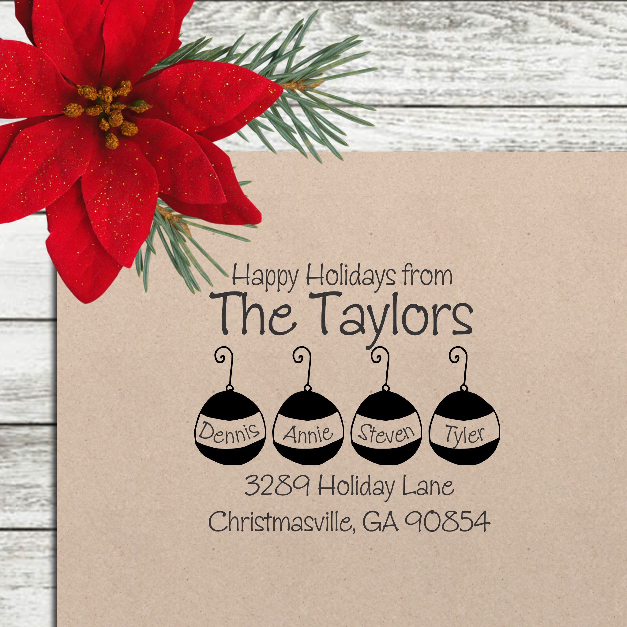Holiday Return Address Stamp - "Family Ornaments"
