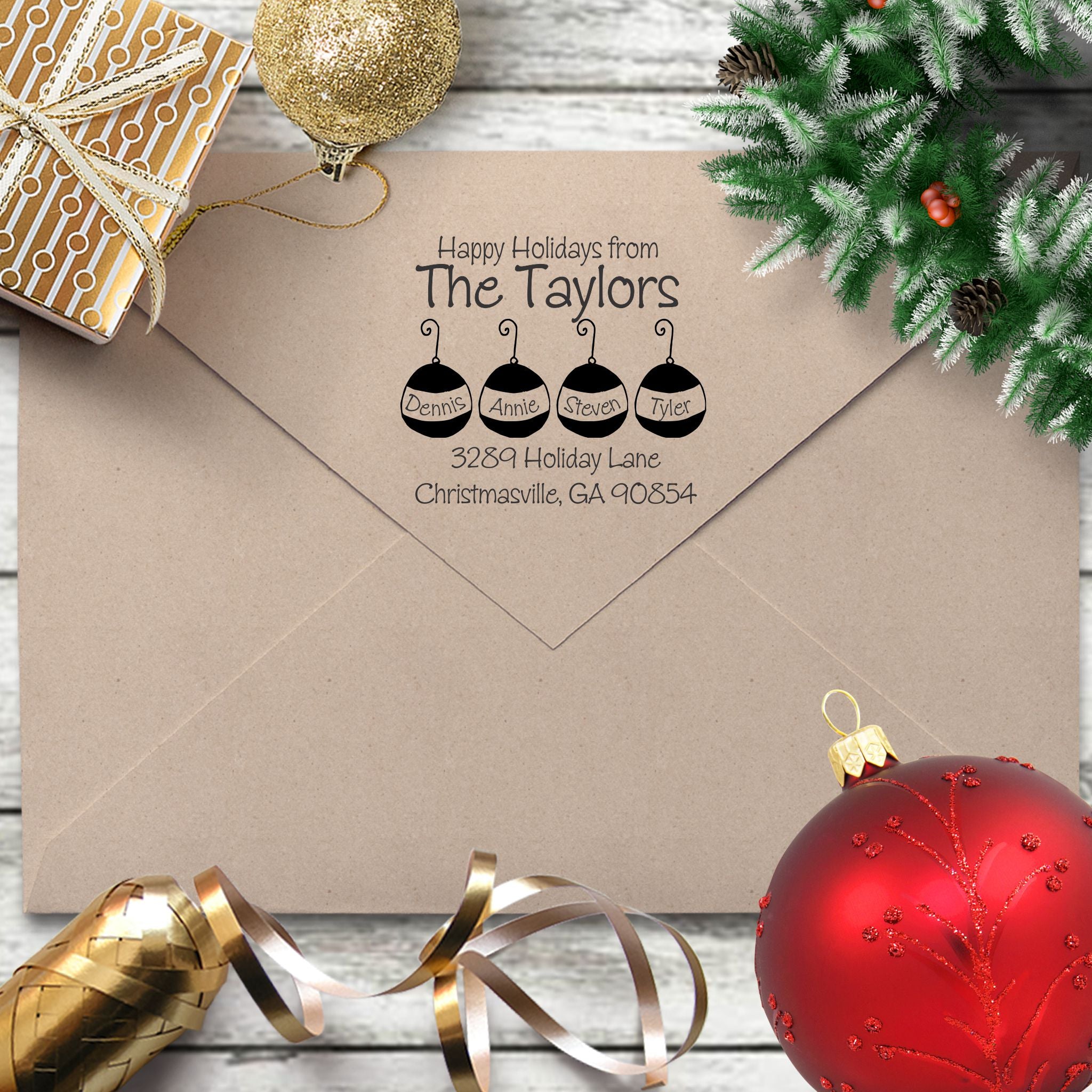 Holiday Return Address Stamp - "Family Ornaments"