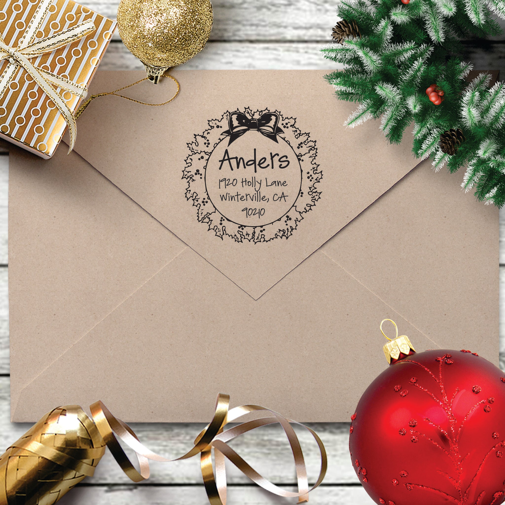 Holiday Return Address Stamp - "Holly Wreath"