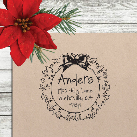 Holiday Return Address Stamp - "Holly Wreath"