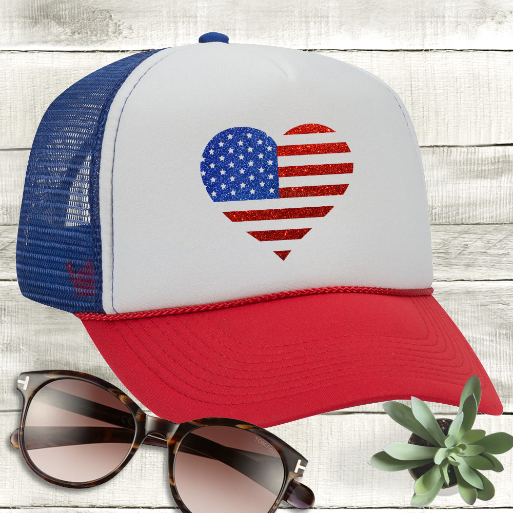Trucker Hat - American Flag Glitter Heart