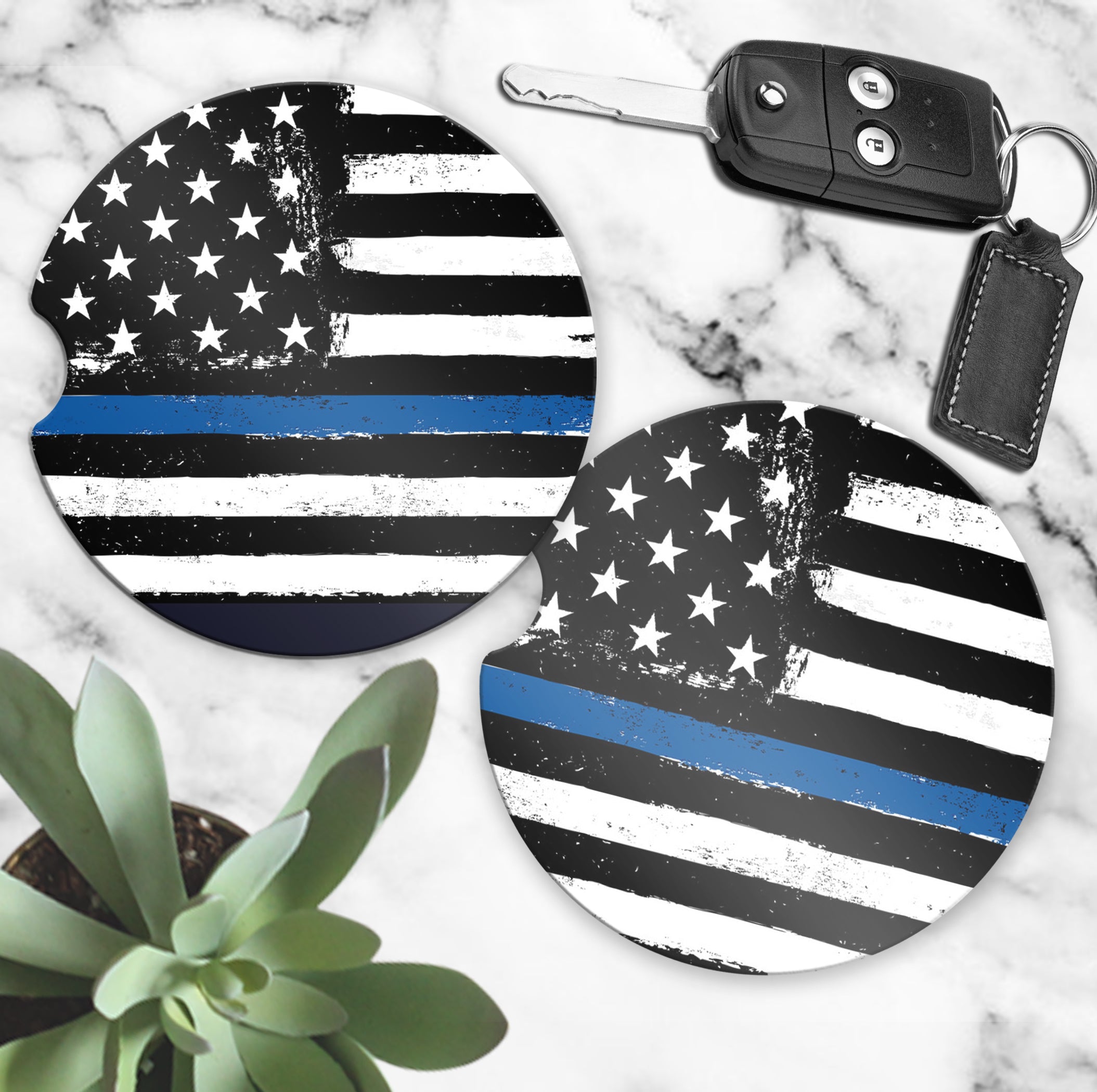 Car Coasters (set of 2) - Law Enforcement Blue Line