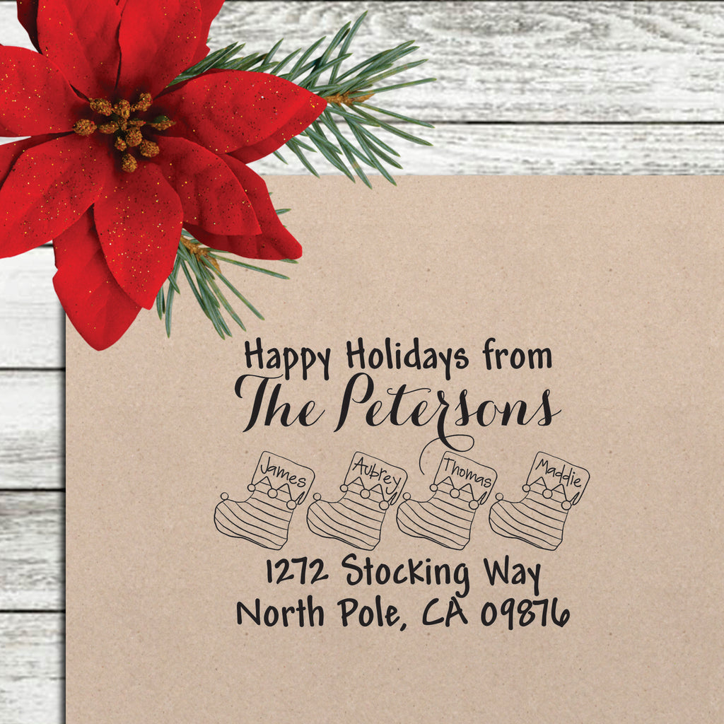Holiday Return Address Stamp - "Stocking Family"