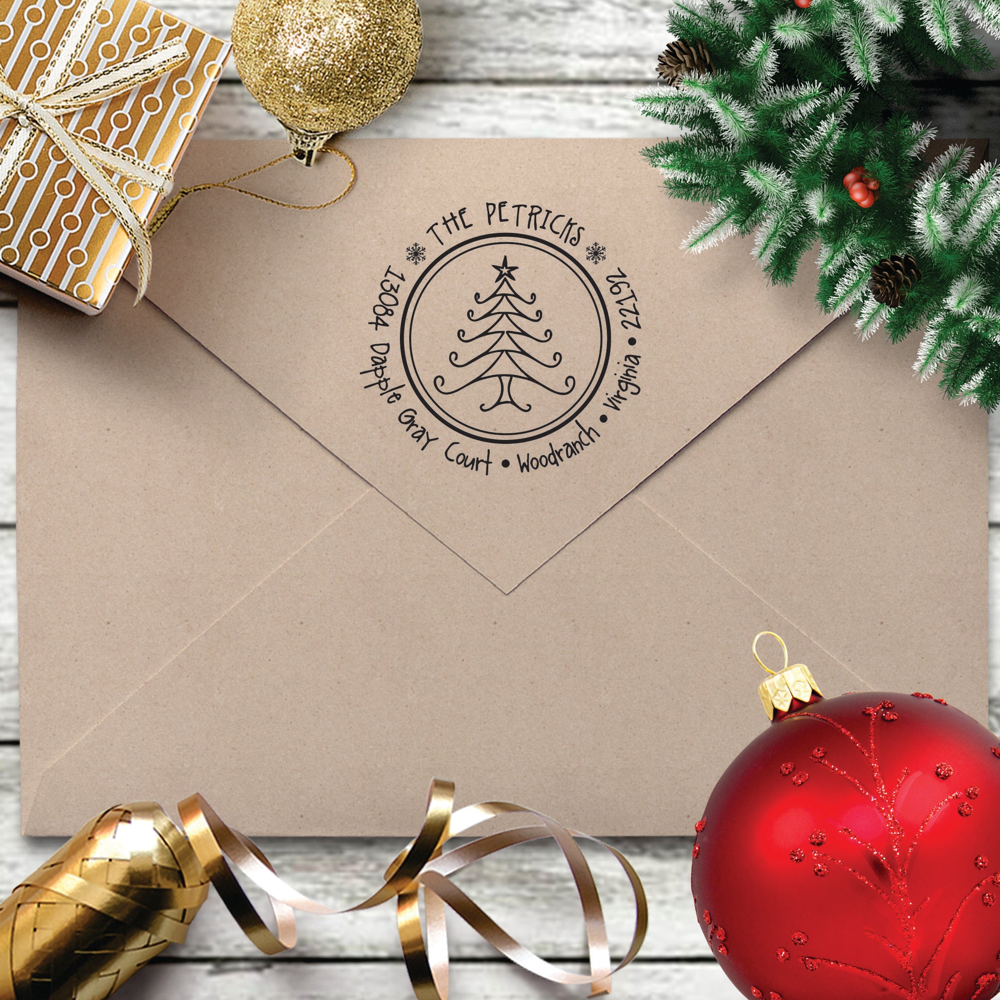 Holiday Return Address Stamp - "Swirly Tree"